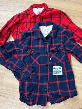 2x Topo Designs Mens Shirts plaid medium (fits small) navy blue and red thick
